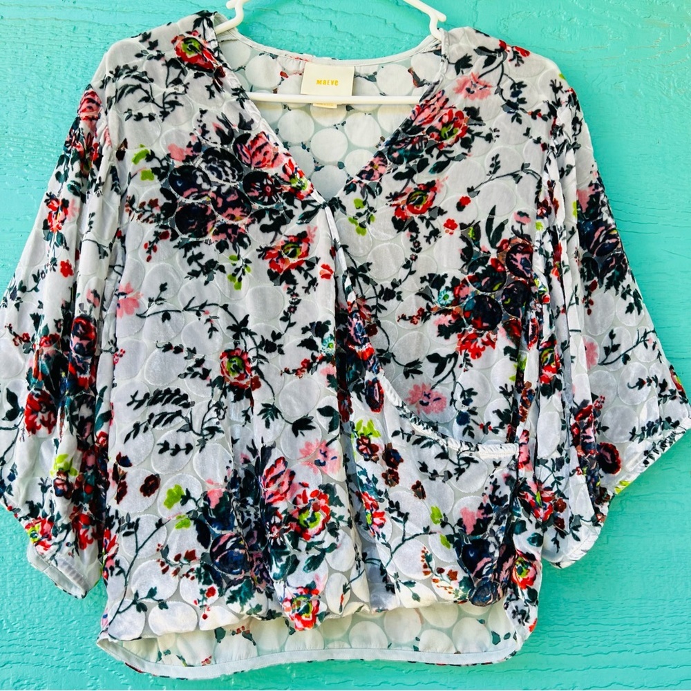 ANTHROPOLOGIE MAEVE VELVET BURNOUT FLORAL POLKA DOT WRAP TOP SIZE SMALL